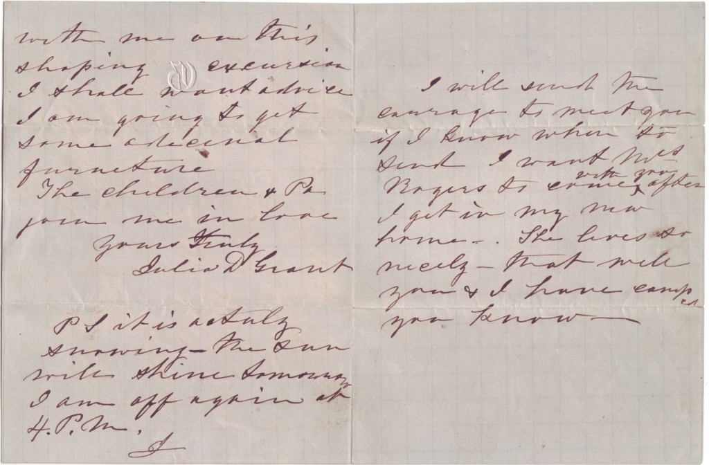 GRANT, JULIA DENT. Autograph Letter Signed, with a postscript additionally signed J, to Dear Mrs. Hillyer,